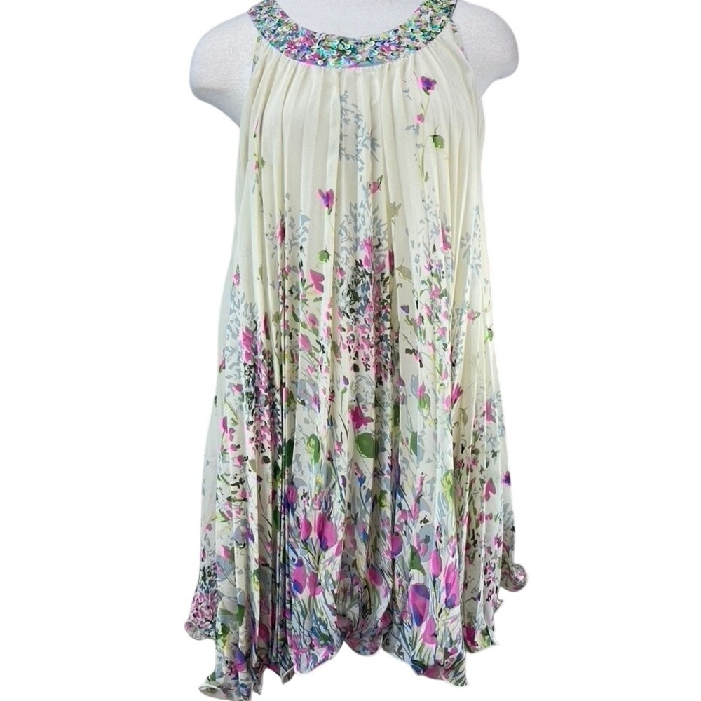 SARA SARA‎ Juniors (16) Trapeze Pleated Floral Dress Sequins Lined Ruffled Fairy